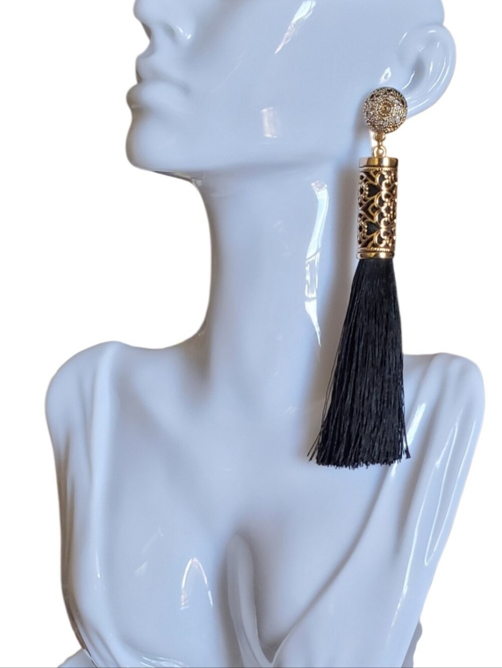 Vtg. Gold Cylinder Filigree Studs Tassel Drop Earrings